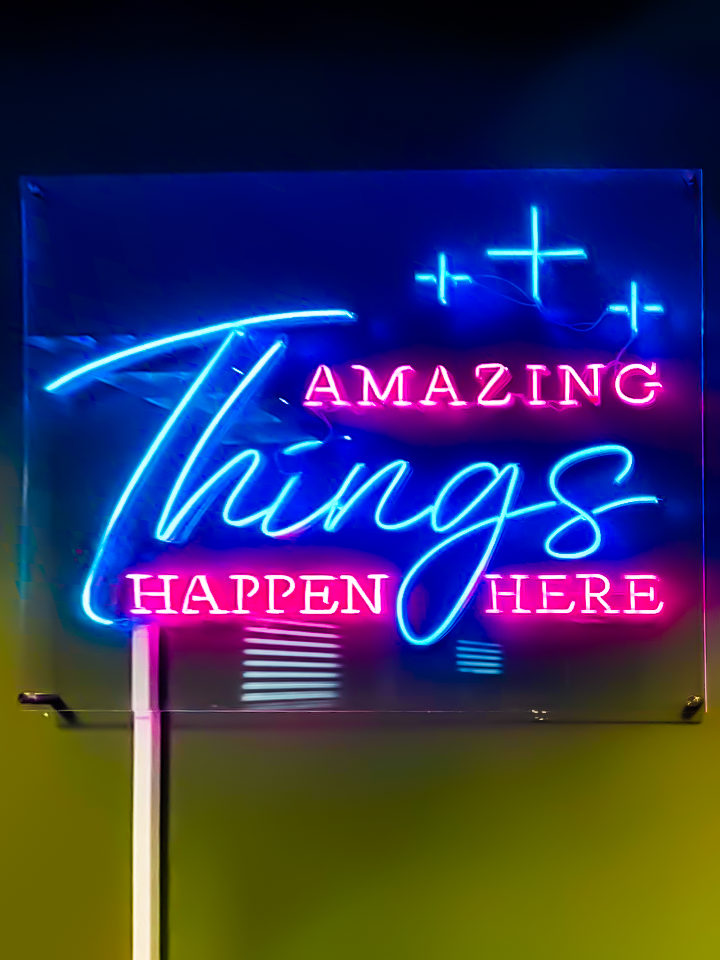 Amazing Things Happen Here Transparent LED Neon Poster Frame